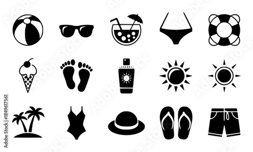 Summer Vacation Icons Beach Ball, Sunglasses, Drink, Bikini, Lifesaver, Ice Cream, Footprints, Sunscreen, Sun, Palm Trees, Swimsuit, Hat, Flip-flops, Shorts