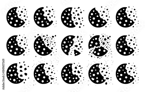 Set of Crumbling Cookies with Chocolate Chips, Black and White Icons