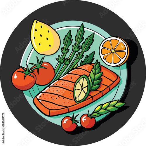 A healthy meal of pan-seared salmon served with fresh asparagus, cherry tomatoes, and leafy greens.