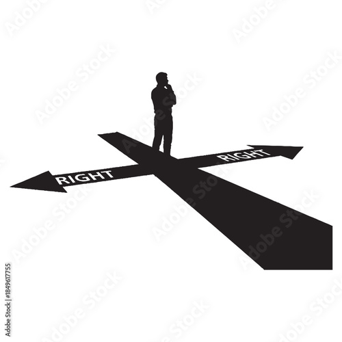 Man making difficult life choice.
Businessman at crossroads choosing direction.
Person deciding between right paths.