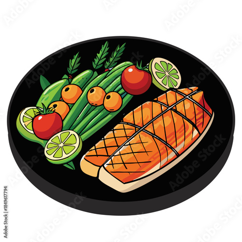 A healthy meal of pan-seared salmon served with fresh asparagus, cherry tomatoes, and leafy greens.