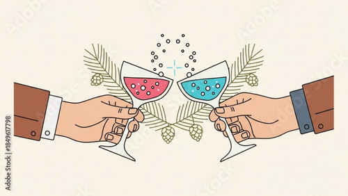 Two hands clinking glasses of red and blue drinks with pine branches and hops celebrating a toast or special occasion flat vector illustration