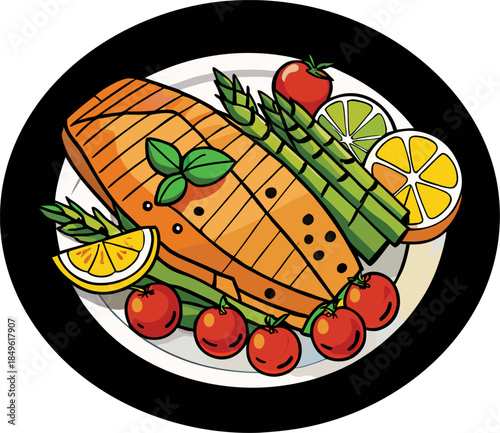 A healthy meal of pan-seared salmon served with fresh asparagus, cherry tomatoes, and leafy greens.