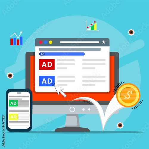 Online advertising concept illustration showing digital ads, paid search results, click interaction, revenue growth, and performance analytics across desktop and mobile platforms