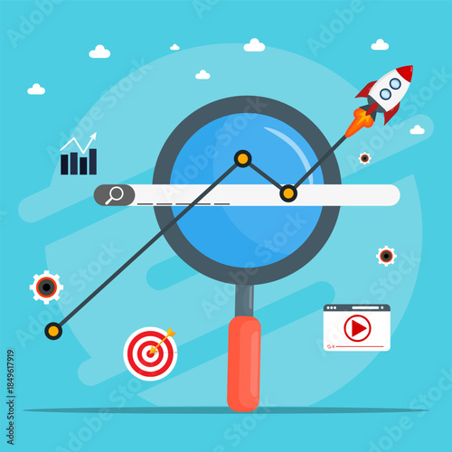 Illustrates seo analytics with a search bar and upward graph. Suitable for web design, digital marketing materials, data analysis presentations.