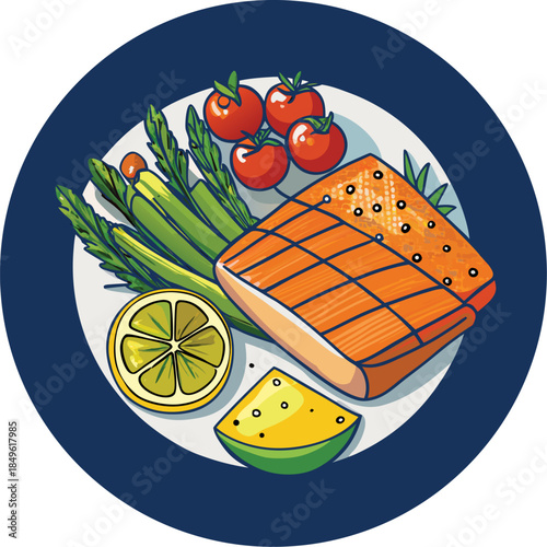 A healthy meal of pan-seared salmon served with fresh asparagus, cherry tomatoes, and leafy greens.