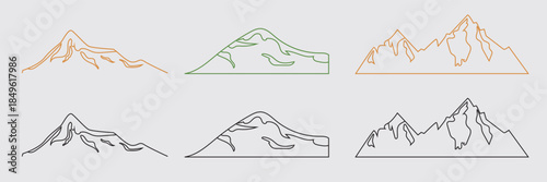 Mountain landscape icon set. Mountain and hill landscape icons in flat vector style, representing different terrains, nature environments, and outdoor scenery concepts.
