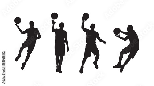 Silhouettes of basketball players in various dynamic poses with dramatic lighting on white background for sports illustration
