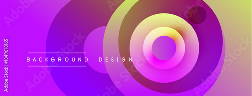 Abstract vibrant design features concentric circles. Purple, pink, yellow hues blend smoothly creating dynamic visual effect. Text reads background design.