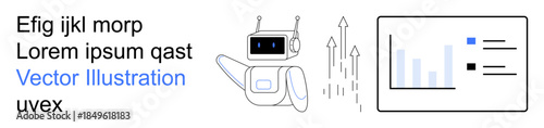 Technology trends, data analysis, digital growth, artificial intelligence, automation, innovation. A robot next to arrows and a chart. Technology trends and data analysis illustration