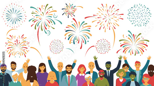 Illustration of a diverse group of people celebrating with fireworks in the background, conveying a joyful and festive mood for Happy New Year 2026 against a clean white background.