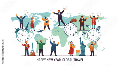 Illustration of diverse people celebrating Happy New Year 2026 with clocks and globes, symbolizing global travel and new beginnings.