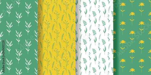 Spring flowers and herbs seamless patterns set. Floral nature backgrounds in green and yellow. Botanical print collection for wallpaper, textiles, fabric, design, vector graphics
