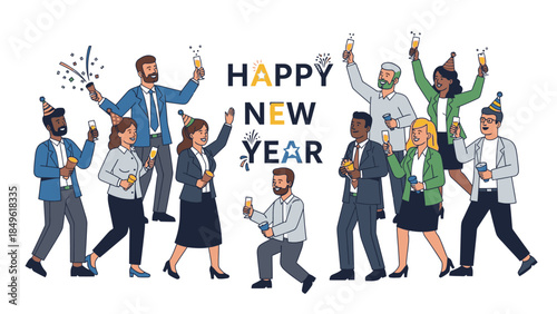 Illustration of diverse office workers celebrating Happy New Year 2026 with party hats and noisemakers on a white background.