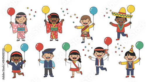 Diverse group of children in festive attire holding balloons and celebrating Happy New Year 2026 with confetti on a white background.