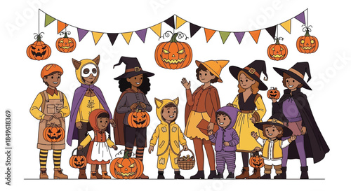 Diverse group of children dressed in Halloween costumes celebrating together.