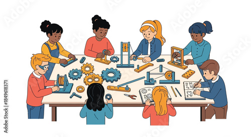 Diverse group of children engaged in a STEM education workshop.