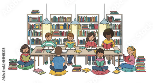 Diverse group of children enjoying reading books together.