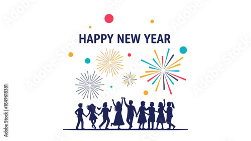 Flat design illustration of a group of people celebrating Happy New Year 2026 with fireworks and colorful dots on a white background.