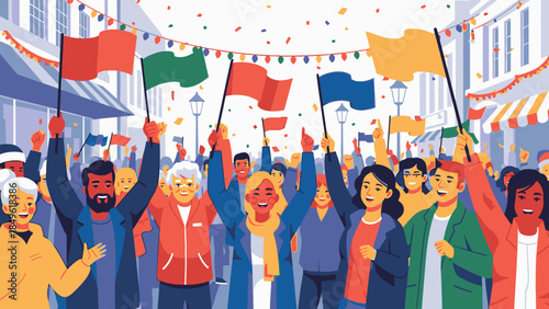 Diverse crowd of people celebrating with flags and banners in a vibrant street festival with a joyful atmosphere on Happy New Year 2026.