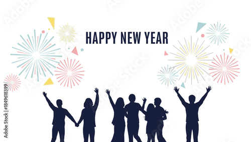 Silhouette of a group of people celebrating with raised arms and fireworks on a white background with Happy New Year 2026 text.