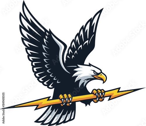 Bold vector illustration of a fierce eagle combined with a sharp lightning bolt, forming a dynamic thunder bird emblem with strong angular lines. This powerful symbol is ideal for sports teams, gaming