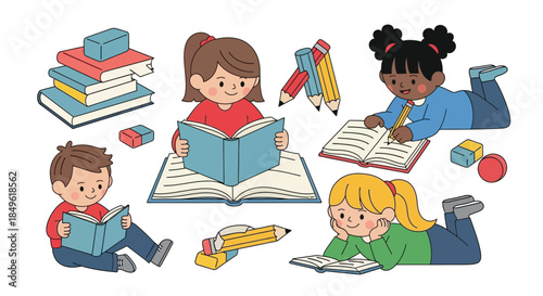 Diverse group of children happily reading and writing books.