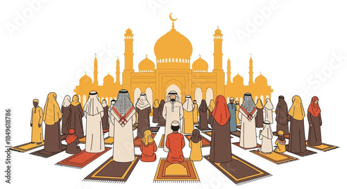 Diverse group of Muslims praying together in front of a mosque.