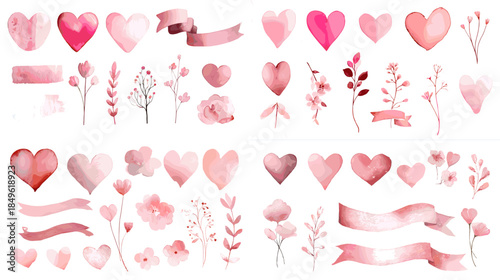 Watercolor pink heart elements with ribbons flowers and romantic accents perfect for love themes wedding decor greeting cards and gentle illustration designs.