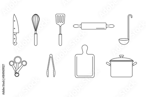 Outline kitchen appliance icons including blender, mixer, oven, microwave, cookware and utensils. Clean line style for UI, apps, web, and infographic design.
