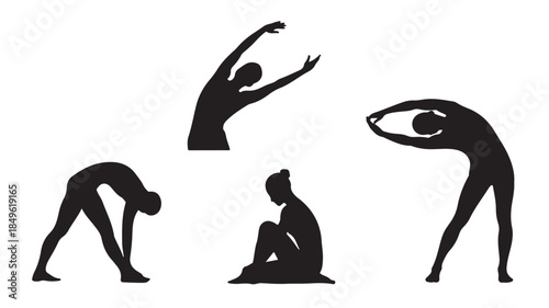 Yoga Silhouettes in Various Poses in Black on White Background for Fitness and Wellness