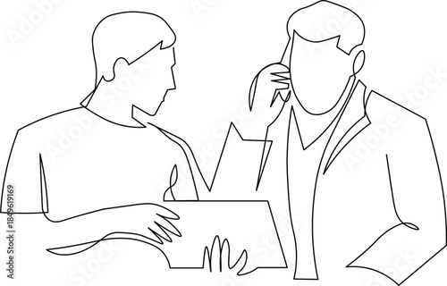 Two individuals depicted in continuous line art, with one holding a document or tablet while the other speaks on a phone, illustrating communication and collaboration, isolated on white.