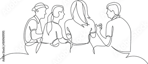 Continuous one line drawing of a diverse group of four people having a lively discussion or meeting, seen from different angles, isolated on white background