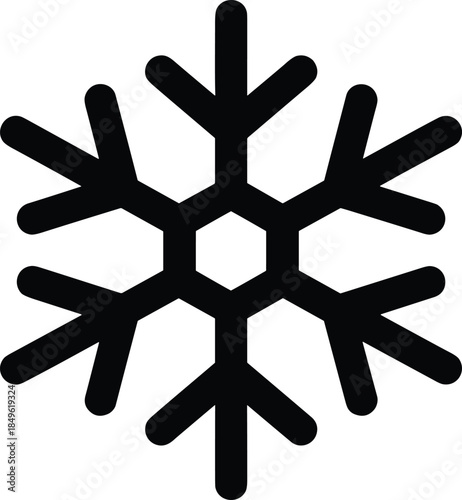 Intricate black and white snowflake vector illustration, symmetrical hexagonal crystalline design, winter seasonal decoration, meteorology educational graphic, detailed line art