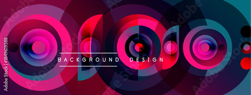 Abstract circles overlap, creating vibrant color gradients. Text reads background design centered between shapes. Modern, dynamic composition.