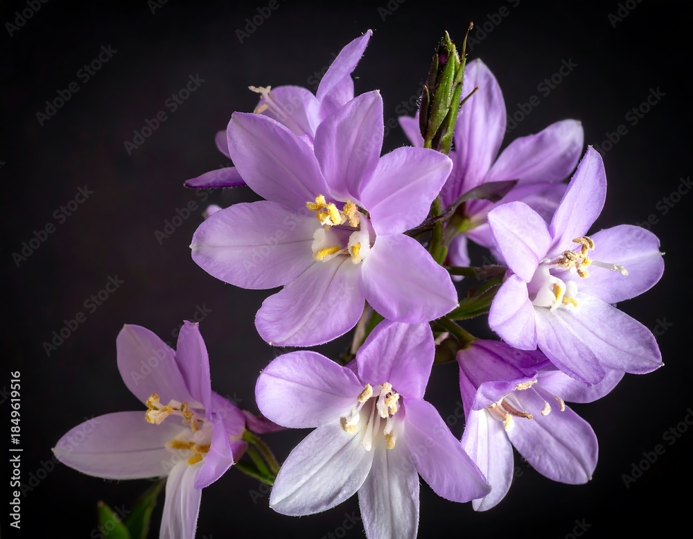 Fototapeta premium Soft lilac flowers with yellow stamens cluster against a dark, blurred background