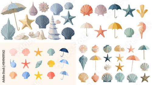 Watercolor seashells starfish umbrellas and ocean motifs collection perfect for beach decor summer branding travel themes and coastal illustration projects.