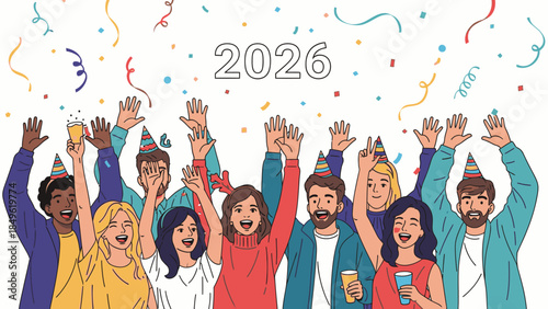 Diverse group of people celebrating Happy New Year 2026 with raised hands and party decorations on a white background.