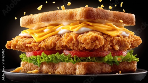 Delicious fried chicken sandwich with cheese lettuce and tomatoes