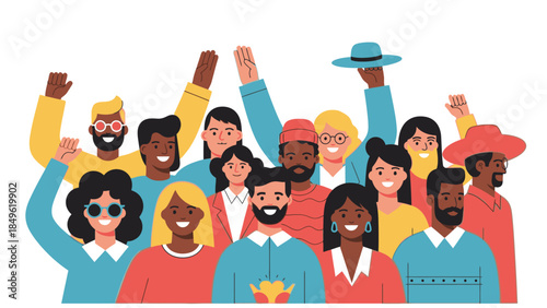 Diverse group of people celebrating with raised arms in a vibrant, colorful illustration for Happy New Year 2026 against a clean white background.