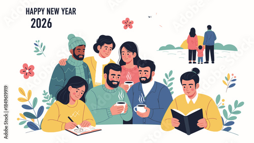 Illustration of a diverse group of friends celebrating Happy New Year 2026 with a casual gathering and reading