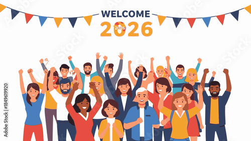 Illustration of a diverse group of people celebrating and welcoming Happy New Year 2026 with colorful banners and flags in a festive atmosphere.