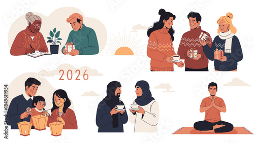 Illustration of diverse people enjoying coffee and each other's company in a warm, minimalist setting with the text 'Happy New Year 2026'.