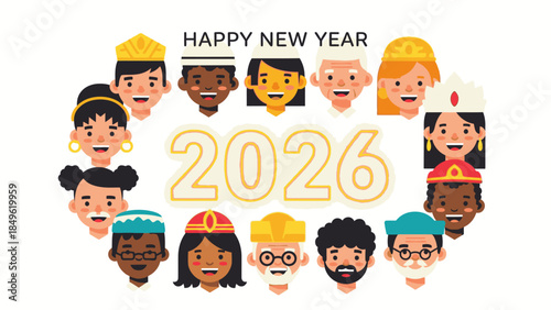 Diverse group of people in a circular formation celebrating Happy New Year 2026 on a white background with a joyful mood.