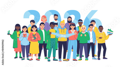 Diverse group of people standing together in celebration of Happy New Year 2026 with colorful clothing against a white background.