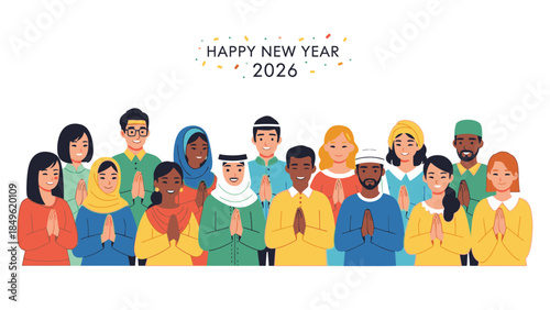 Diverse group of people with their hands together in greeting or prayer, standing against a white background with a Happy New Year 2026 message above them in a colorful, celebratory flat