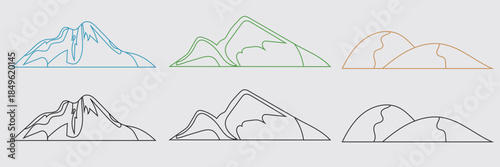 Mountain landscape icon set. Mountain and hill landscape icons in flat vector style, representing different terrains, nature environments, and outdoor scenery concepts.
