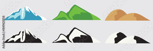 Mountain landscape icon set. Mountain and hill landscape icons in flat vector style, representing different terrains, nature environments, and outdoor scenery concepts.
