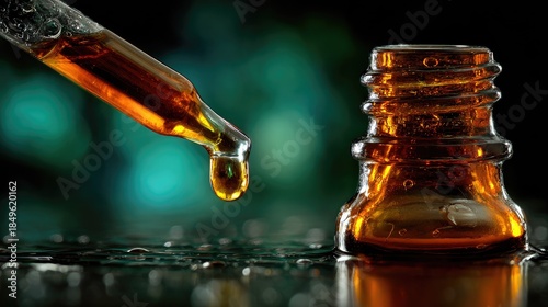 Amber liquid drips from a dropper bottle.