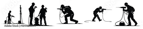 Construction workers drilling and operating machinery silhouettes
